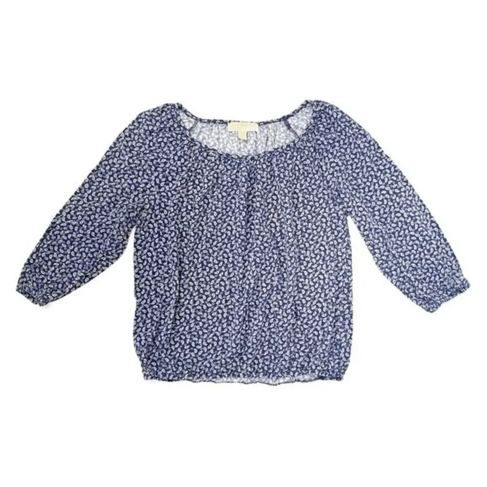 Michael Kors‎ Navy Blue Paisley Stretch Waist Scoop Neck Women's Top Size Medium